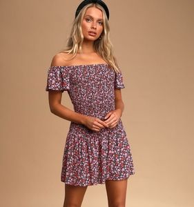 Lulus Black Floral Smocked-Off Shoulder dress M